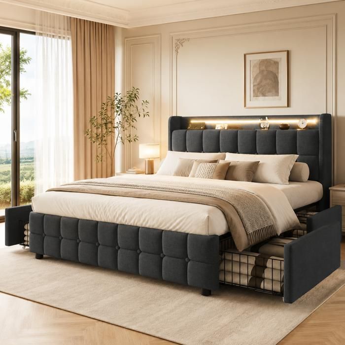 Lit adulte 160x200 cm - avec LED et charge USB - Lit adulte avec 4 tiroirs - Tête de lit rangement - Sommier à lattes - lin - gris