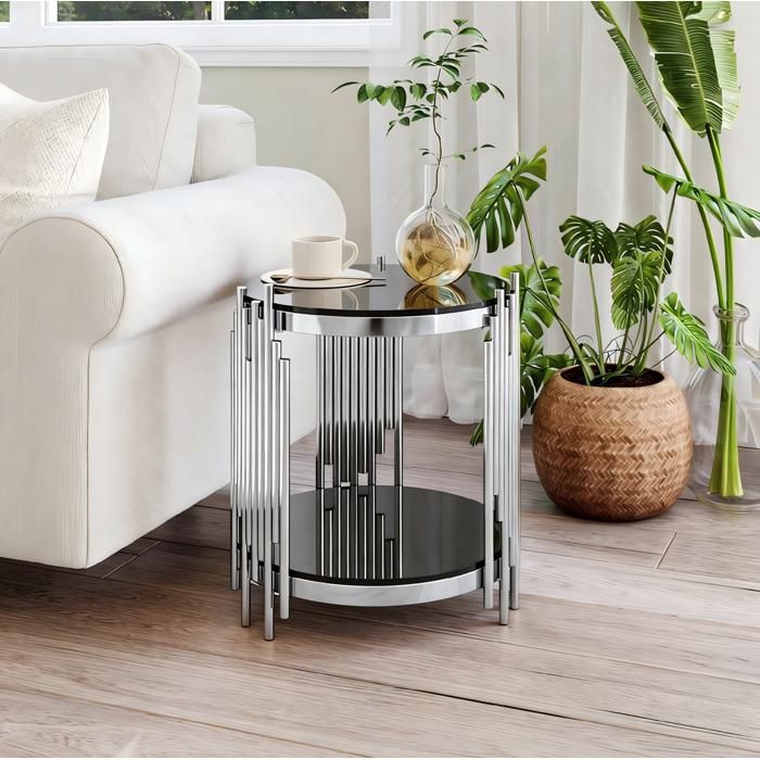 ELVORIN Table d appoint ronde 45 x 45 x 55 cm verre trempé noir de 6 mm 2 niveaux cadre argenté en acier inoxydable