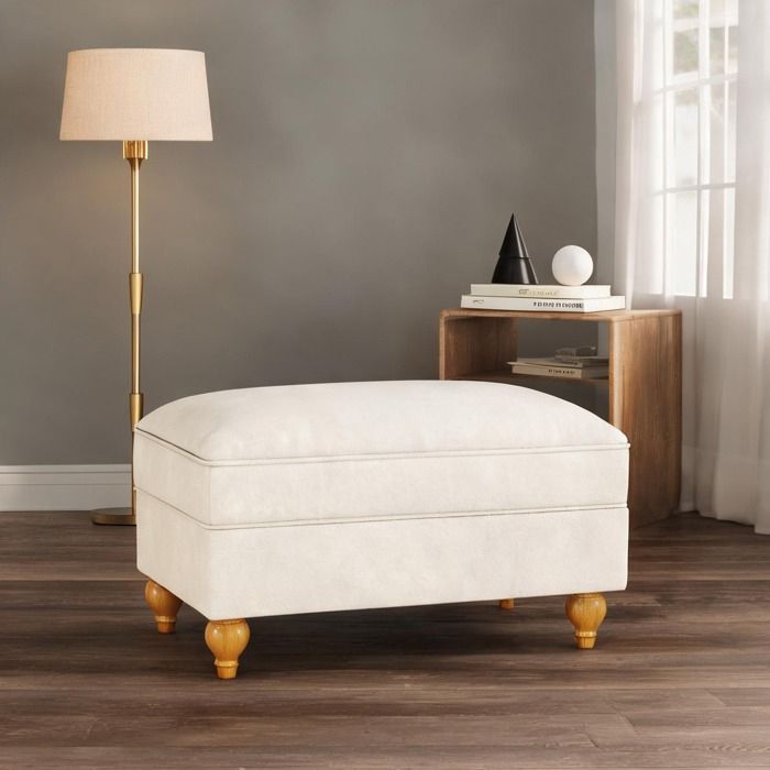 Pouf convertible 90x56 5x49 cm en chenille soft white jupe volantée amovible intérieur salon 1 place