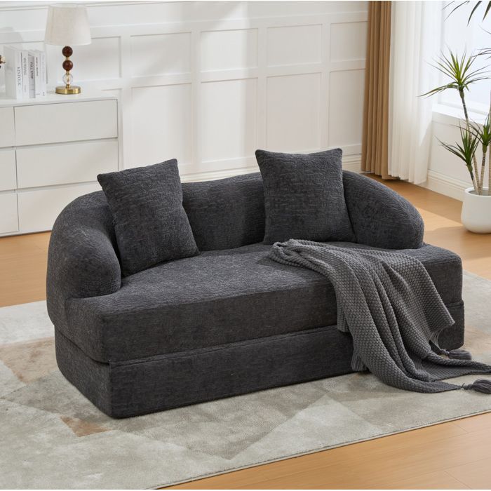 Canapé convertible 2 places canapé-lit en chenille gris foncé avec 2 coussins pliant sans montage 250 kg ORVRYN