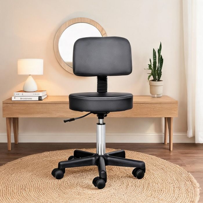 Tabouret ergonomique réglable 1 place avec dossier simili cuir noir à roulettes