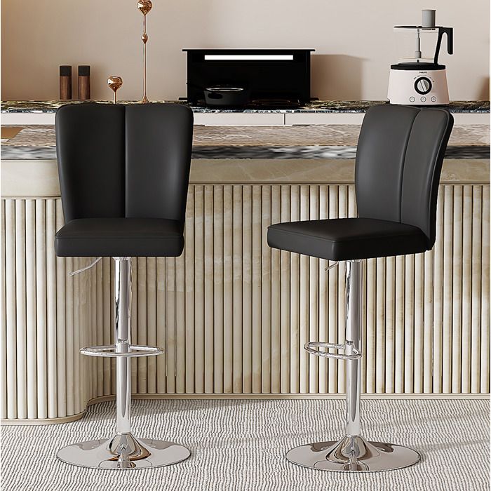 Tabouret de bar lot de 2 réglable en hauteur pivotant 360° avec dossier PU noir métal argenté îlot cuisine ORVRYN