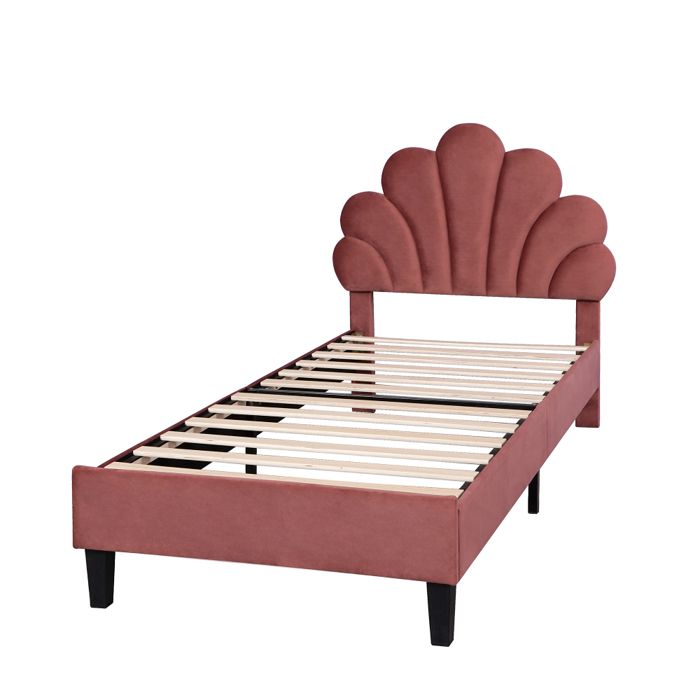Lit enfant 90x200 cm en velours avec tête de lit fleurie 12 lattes renforcées structure solide rouge bordeaux