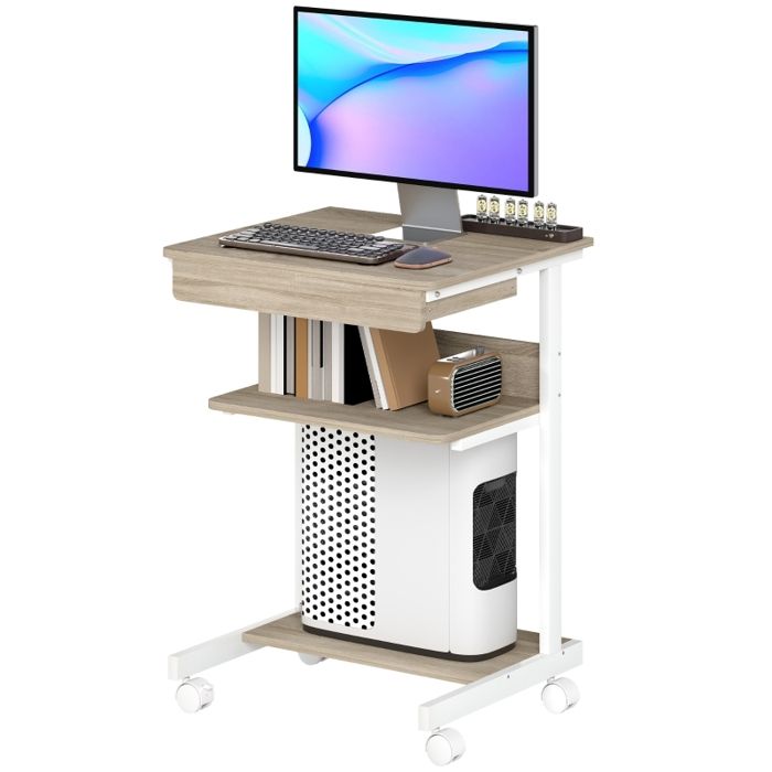 Bureau à roulettes avec tiroir et étagères 4 roulettes compact panneaux de particules métal