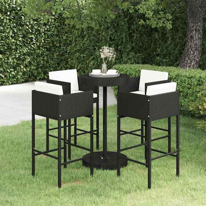 Noir Ensemble de bar de jardin 5 pcs et coussins Résine tressée Noir - Meuble de balcon LV50880