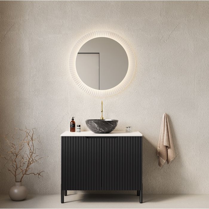 Meuble sous vasque noir 76 cm avec vasque à poser ronde plan blanc effet marbre Carrara soft-close JOINERY