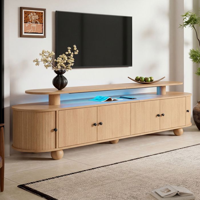 Meuble TV Ulsam 180 cm Double Niveau 4 Portes + 2 Coulissantes LED Ambiance Passe-Câbles MDF Bois Naturel