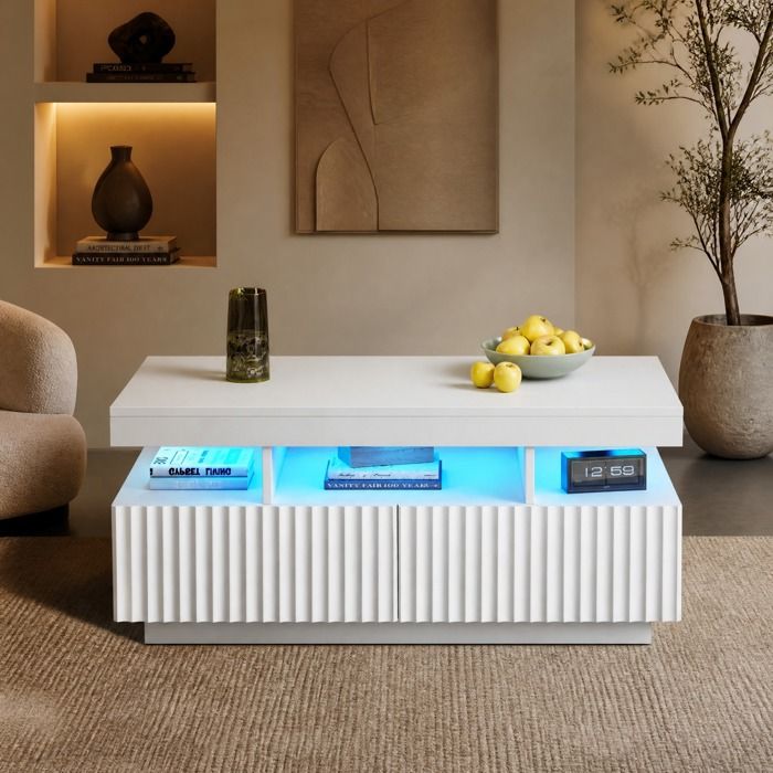 Table basse blanche 100 x 50 x 45 cm 2 tiroirs rangement ouvert éclairage LED panneaux de particules