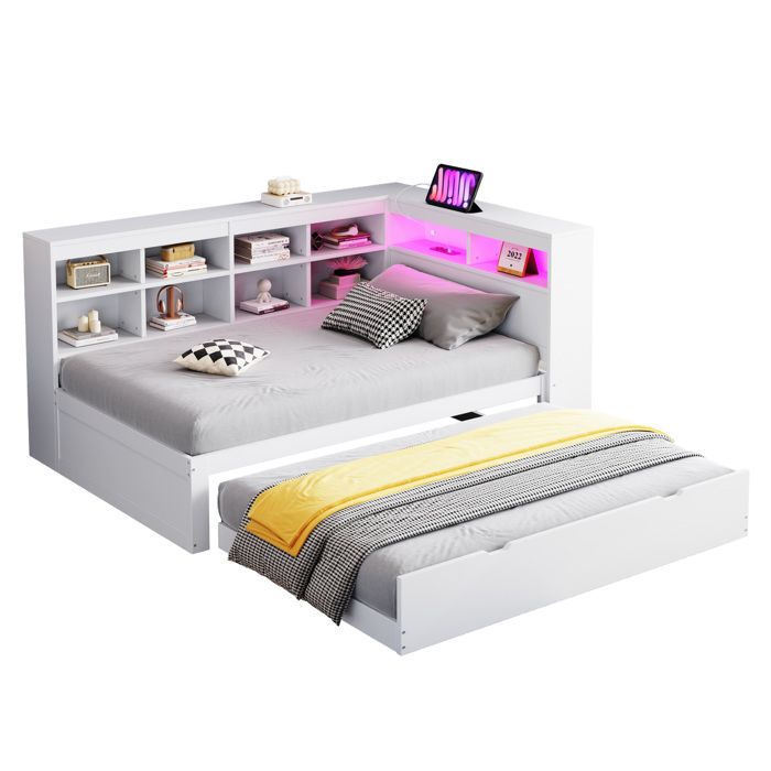 Lit combiné 90x200 avec lit gigogne rangements USB et LED lit 1 place en bois blanc avec tête de lit TYNQER