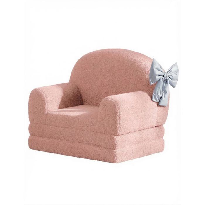 Canapé Enfant 2-en-1 – Convertible en Fauteuil/Lounger Tissu Sherpa Doux Design Couronne rose