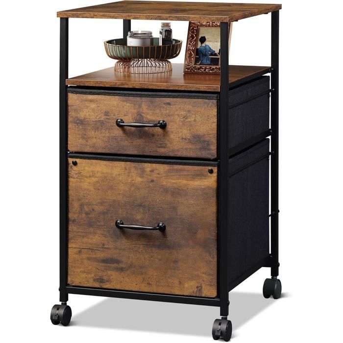 Caisson de bureau - Meuble à tiroirs - 2 tiroirs en tissu - Niche ouverte - Marron vintage - Dimensions 39 x 40 x 68 cm - ZENLINKJH