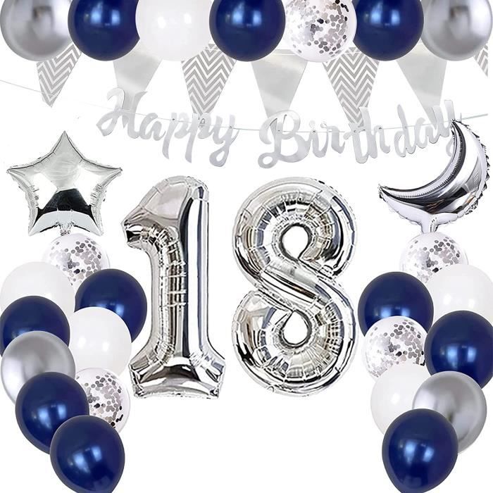Yoart 18th Anniversaire Décorations 18th Fête D'Anniversaire Ballons Bleu Argent Pour