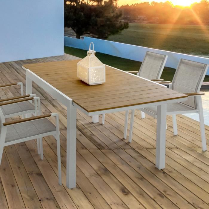 Table de jardin extensible 140/200 cm en alu blanc et bois