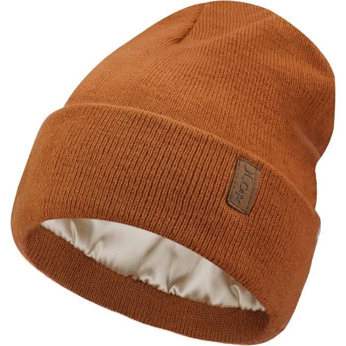 Chapeaux d'hiver doublés de satin pour femmes bonnet en tricot torsadé  doublé de soie épais bonnet épais doux chapeau chaud pour hommes