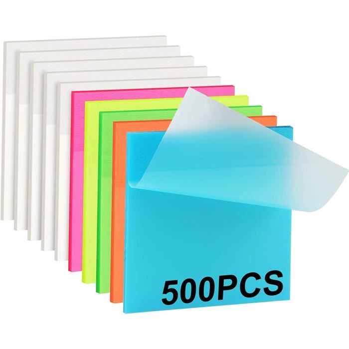 Lot de 500 feuilles de notes autocollantes transparentes colorées ...