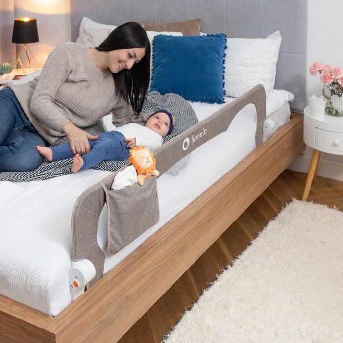 Barrière de lit bébé LIONELO Eva - 150 x 42 cm - Pliable - Cadre sûr et stable - Légère - Maille aérée - Beige