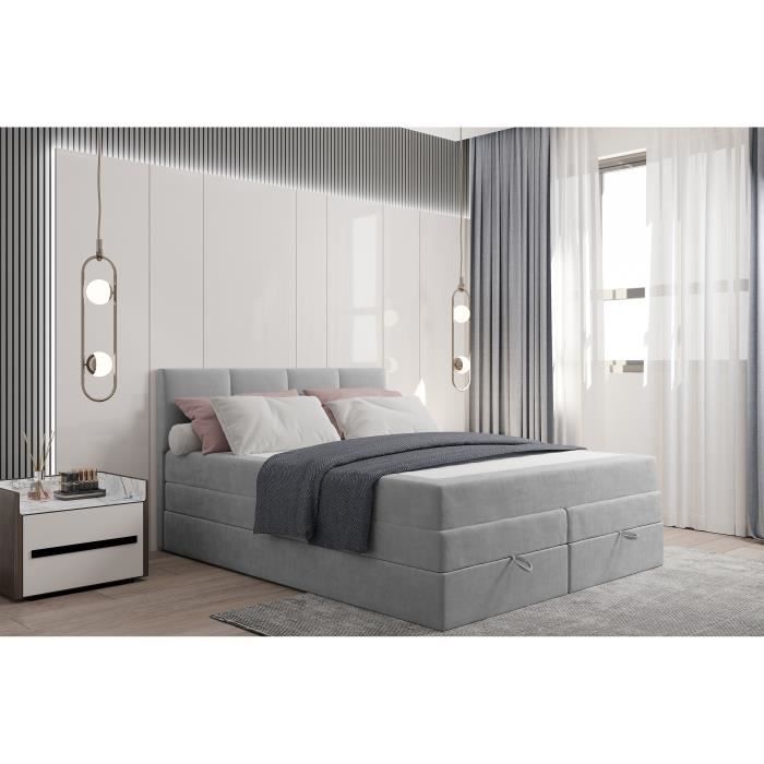 Lit adulte 180x200 cm PRADO avec rangement et matelas ressorts ensachés - tissu velours - gris clair Lit adulte 180x200 cm PRADO avec rangement et matelas ressorts ensachés - tissu velours - gris clair