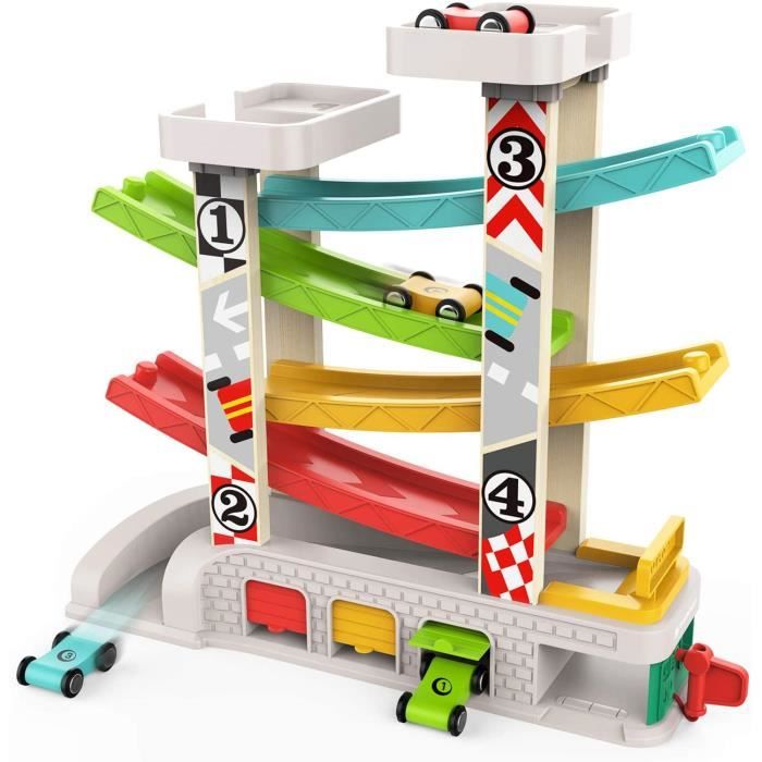 Jouet Garage Voiture Bois Pour Enfant Cadeau Educatif Pour Garcon 2 Ans Jouet Rampe De Course En Bois Avec 4 Voitures Cdiscount Jeux Jouets