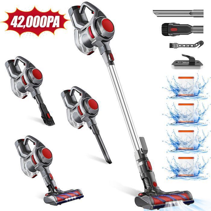 Aspirateur Balai Sans Fil, 55min d'Autonomie, 250W Puissant, 25000pa, 5-en-1 Technologie Cyclonique et 2*Filtre HEPA Lavable H13