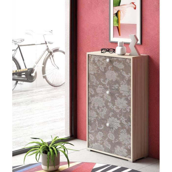 Dmora Meuble à chaussures moderne avec 3 portes battantes 67x28h112 cm Couleur orme et motif fleuri
