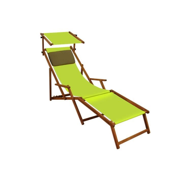 chaise longue de jardin vert pistache avec repose-pieds, pare-soleil, oreiller 10-306fskd