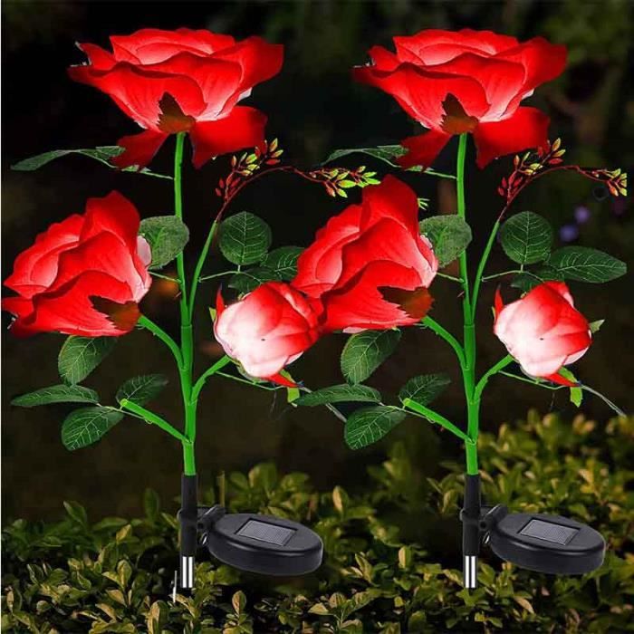 Lot de 2 lampes de jardin avec 6 roses, Éclairage extérieur solaire de jardin sans Fil Led Décoration Solaire (rouge)