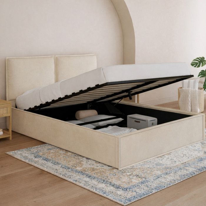 IDMARKET Lit coffre double PILOU avec tête de lit oreiller et sommier 140 x 190 cm velours beige