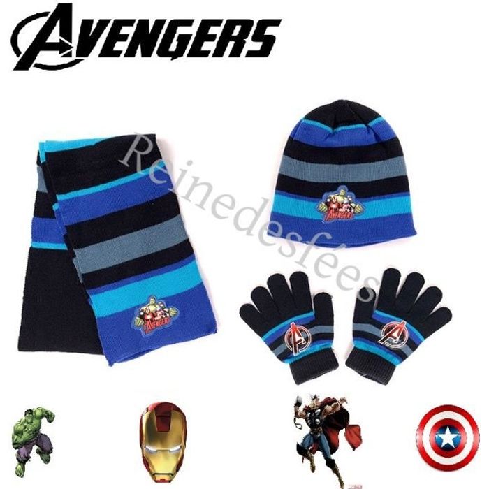 Bonnet écharpe gants enfant Avengers Héros Marvel Iron Man Captain America  Thor Hulk ensemble garçon 3- 4 - 5 - 6 ans TU bleu marine