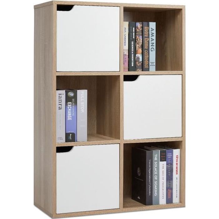 Étagère de Rangement 6 Cubes Bibliothèque en Bois Armoire de Livres Armoire de Rangement BureauStyle Moderne Naturel-MONDEER