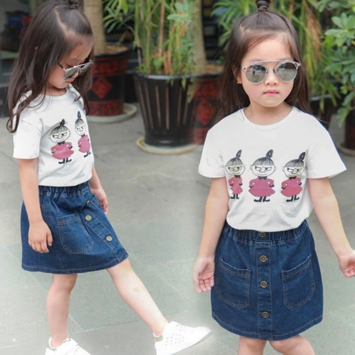 Bebe Filles Ete Mignon T Shirt De Bande Dessinee Jeans Jupe Tenues Vetements Blanc Cdiscount Pret A Porter