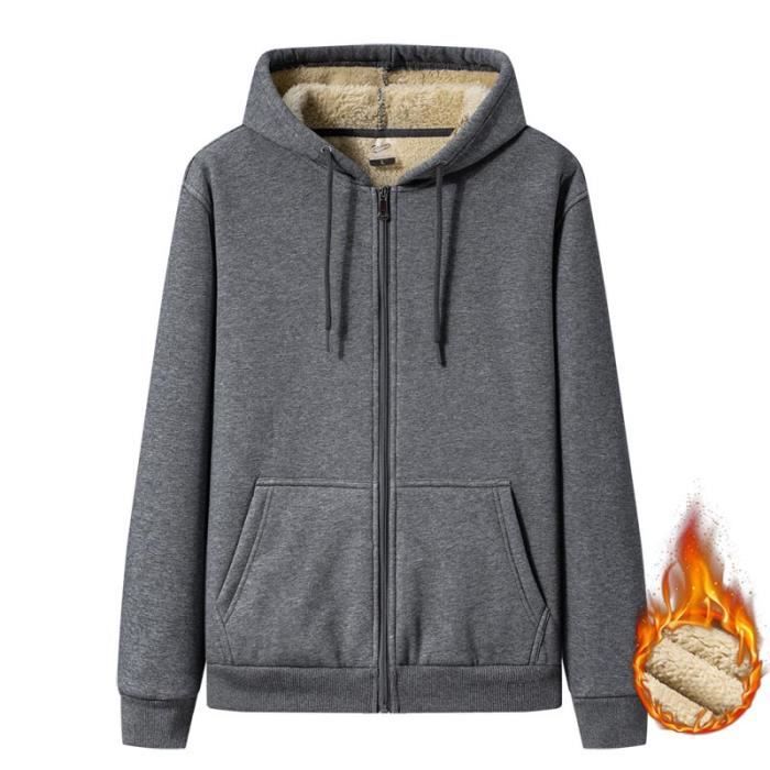 Veste Chaude Homme Capuche Hiver Doublure Polaire Casual Veste Zippee Epaisse Couleur Unie Gris 