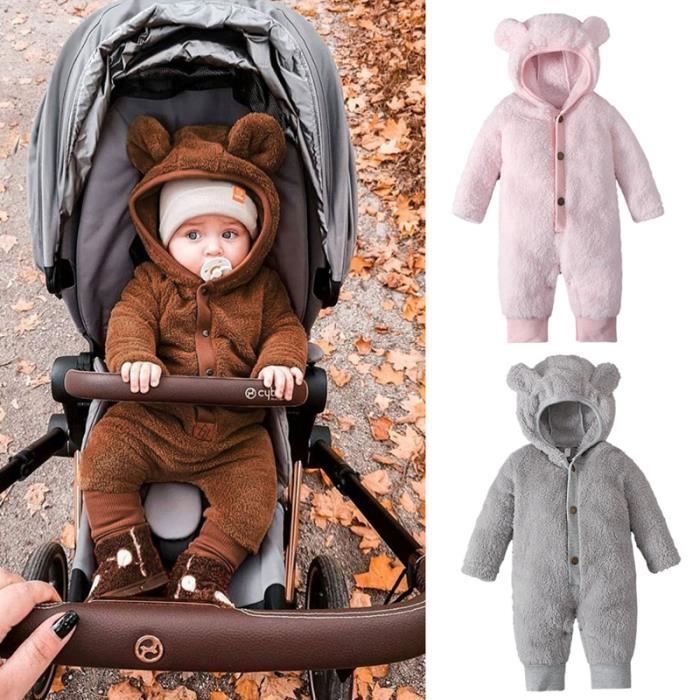 MARRON 0-24 Mois Automne Hiver Bébé Garçon Fille Vêtements Couleur Unie  Corail Polaire Ours Oreille à Capuche Combinaison