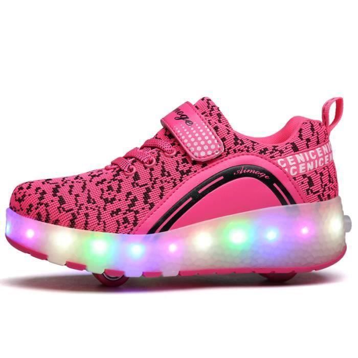 Basket Enfants Roller Sneaker avec Double Roue Rose LED lumineux