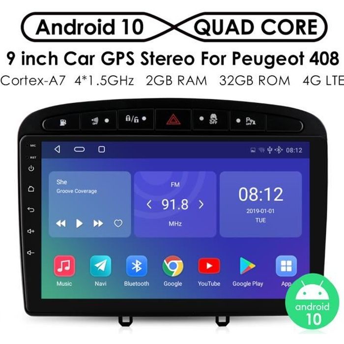9 pouces Android 10 GPS autoradio pour Peugeot 308 308SW 408 2012-2020 écran tactile lecteur multimédia 2G 32G stéréo 2din 1080p