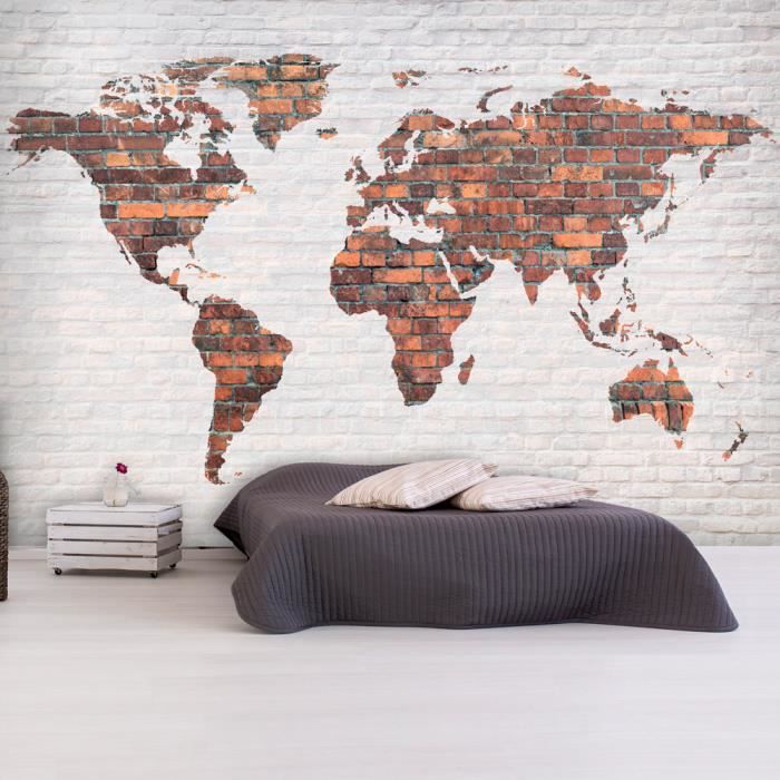 Papier peint Carte du monde World Map: Brick Wall 100x70 cm - Papier peint panoramique - Intissé