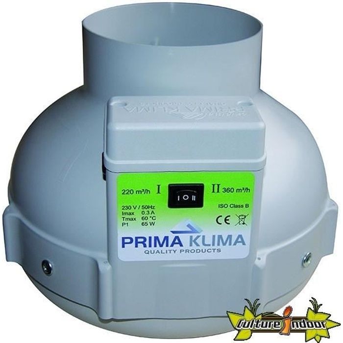 Extracteur D’air 2 Vitesses 220/400 M³/h – Diamètre 125 Mm – Puissance 63W – Pour Gaine Alu/PVC – Usage Domestique Ou Horticole – Prima Klima