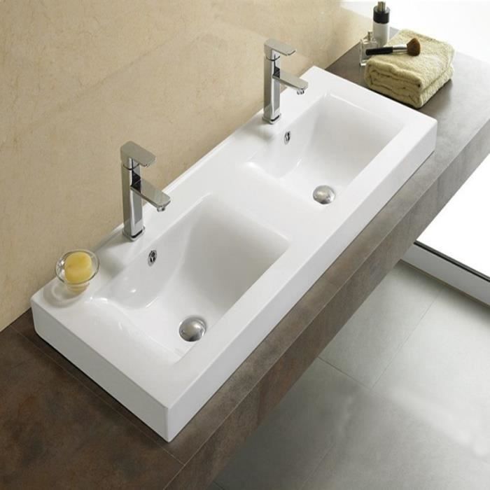 Lavabo à Poser Double vasque, 120x46 cm, Céramique, Essentiel