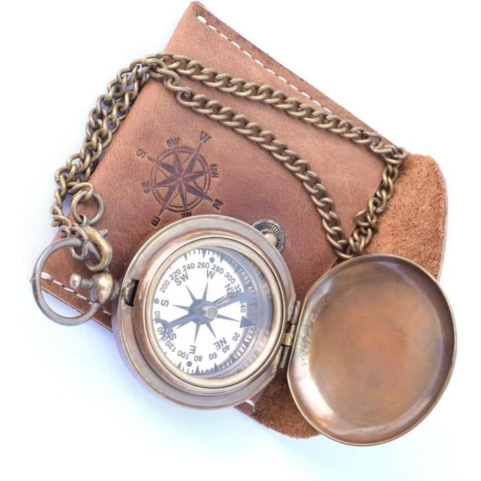 Boussole En Laiton Faite à La Main Sur Chaîne Avec étui En