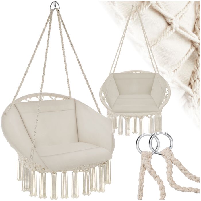 Fauteuil suspendu - TECTAKE - chaise suspendue - grazia - style bohème coussin moelleux acier revêtu poudre 80x72x125 cm - beige