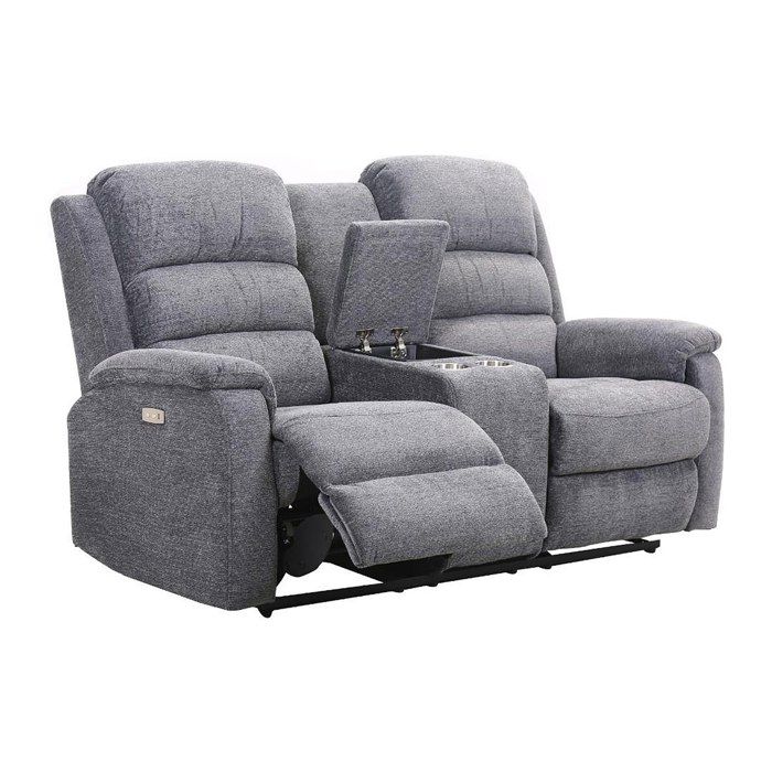 Canapé 2 places relax électrique avec tablette en tissu gris NEVERS Canapé 2 places relax électrique avec tablette en tissu gris NEVERS