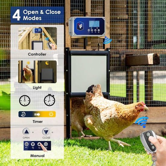Porte Automatique De Poulailler, Capteur De Lumière, Minuterie Et Telecommande Ouvre Porte De Poulailler Porte De Poulet Autobloquante En Alliage Daluminium Etanche Avec Ecran Led 93399029
