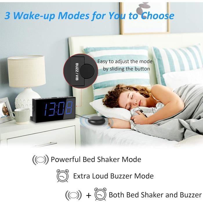 Réveil numérique puissant pour adultes dormeurs lourds avec shaker