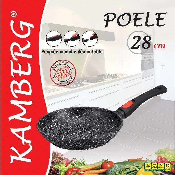 Kamberg - Poêle 28 cm - Manche Amovible - Fonte d'Aluminium - Revêtement  Type Pierre - Tous Feux dont Induction - Sans PFOA - 0008023
