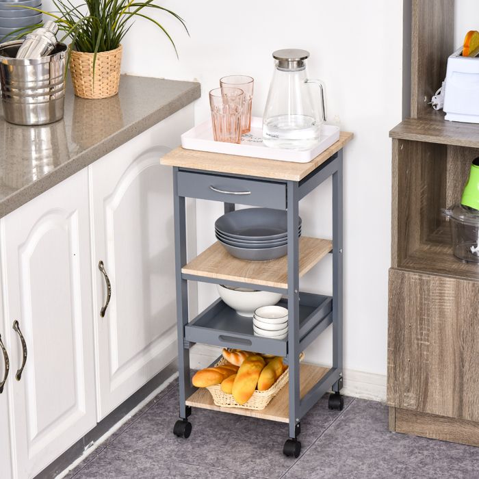 Desserte Roulante HOMCOM 2 Plateaux - Meuble Cuisine Chêne/gris Avec Tiroir Et étagère | Mobile à Roulettes
