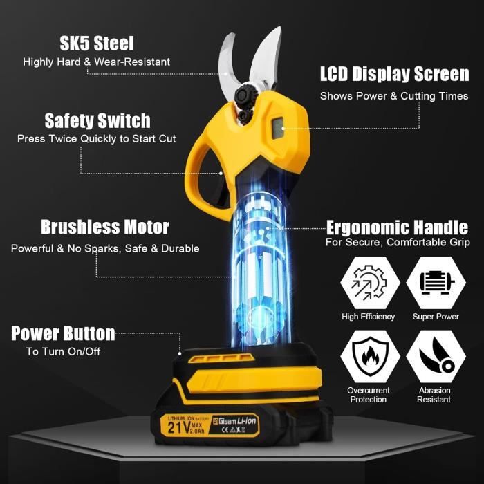Sécateur électrique Sans Fil 30 Mm - Moteur Sans Balais 650W - 2 Batteries 1,5 Ah - Écran LCD - Pour Jardin Et Vigne - 4
