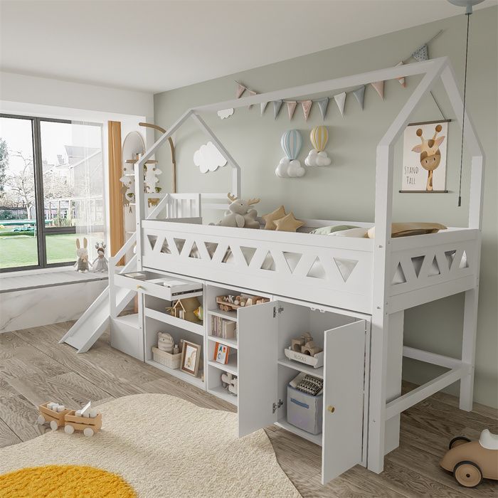 Lit Mezzanine Enfant En Forme De Maison Avec Fenêtre - 90x200 Cm - Rangement Intégré Sous Le Lit Et Dans L'échelle - En Pin Blanc Et Naturel (sans Matelas) - 2