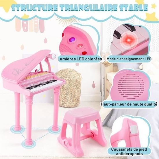 Piano Enfant 25 Touches Rose – Avec Tabouret, Microphone Et 22 Chansons – Éducatif Et Musical
