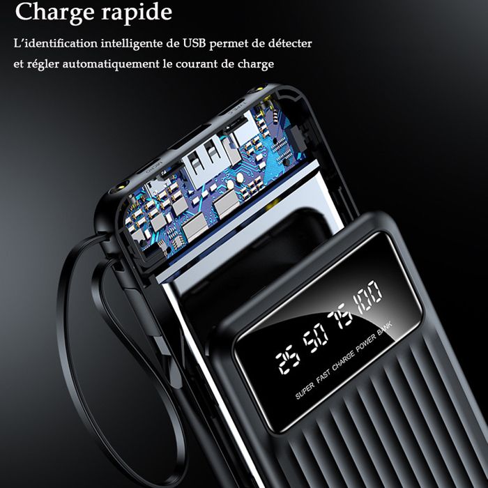 Power Bank Avec Câble Intégré – Batterie Externe Ultra Mince – Port USB-C – Affichage LED – Charge Rapide