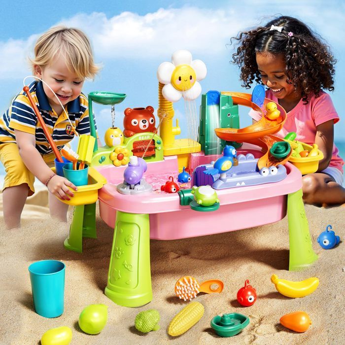 Table D'eau LTFIOON 4-en-1 Avec Pompe électrique, Pêche, Légumes, Toboggan, Pieds Réglables, 54x29x53 Cm, Dès 3 Ans