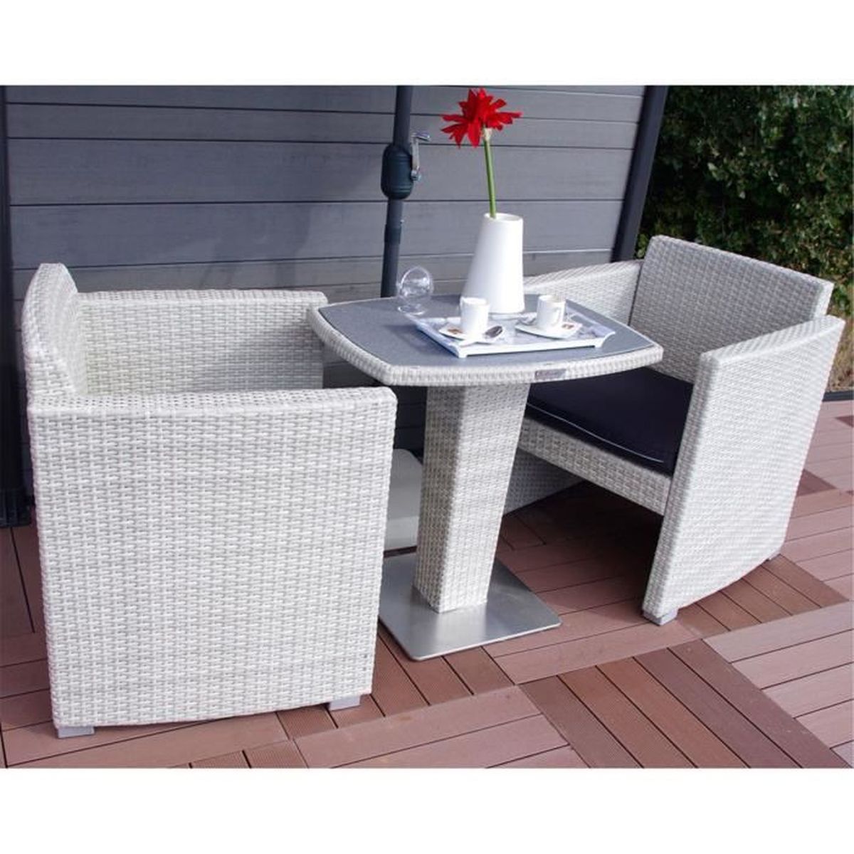 Oceane Salon De Jardin Blanc Et Gris Effet Rotin Tresse 2 Places